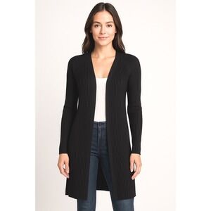 Pointelle Black Ribbed Long Cardigan Duster Sweater Open Front Lagenlook M 76-10